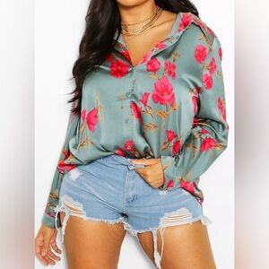 Boohoo Shirt Sz 14 Floral Print Satin Long Sleeve Button Up Pleated High/Low Hem
